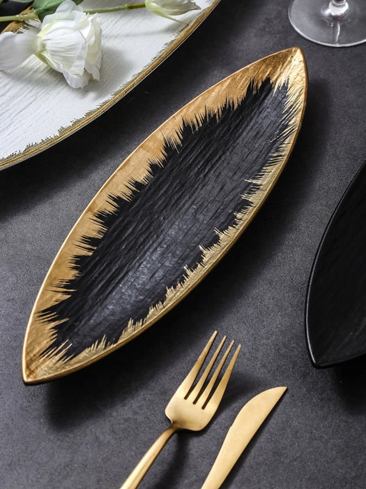 Elegant Japanese Ceramic Leaf Plate with Quicksand Texture and Gold Rim