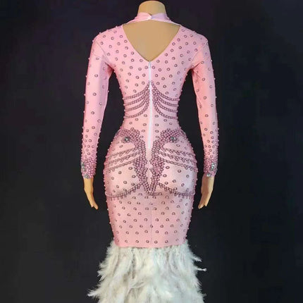 Chic Pink Trumpet Dress with Feather Details for Women Performers