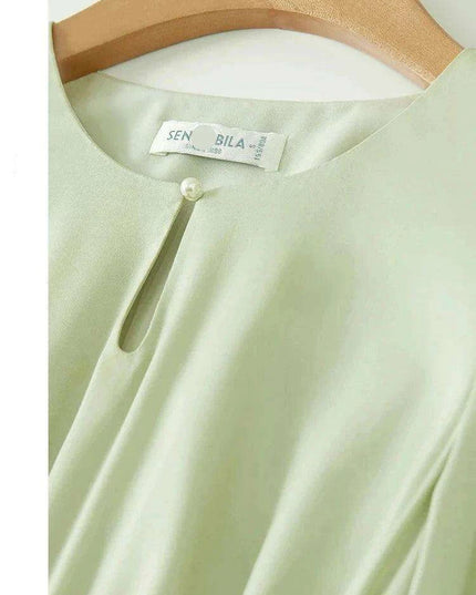 Elegant Light Green Puff Sleeve Midi Dress - Spring Pullover Round Neck for Women 2024