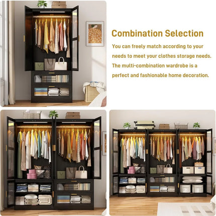 TideRise 4-Door Armoire Wardrobe with LED & Mirror, 71" Black Closet