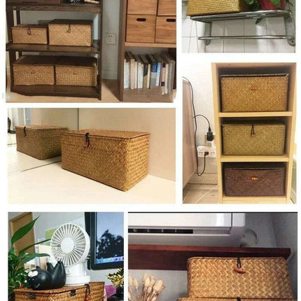 Natural Seagrass Organizer Basket with Lid - Stylish Storage Solution for Cosmetics, Sundries, and Laundry