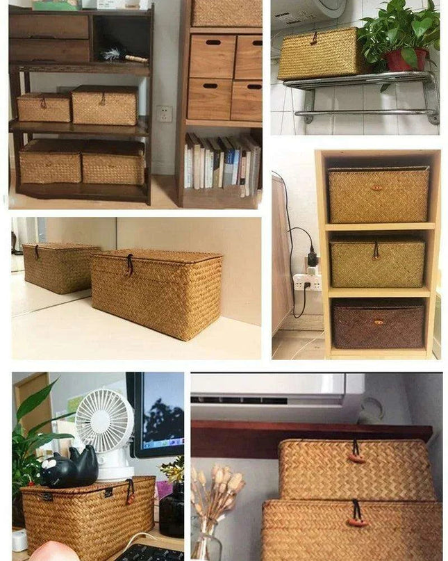 Natural Seagrass Organizer Basket with Lid - Stylish Storage Solution for Cosmetics, Sundries, and Laundry