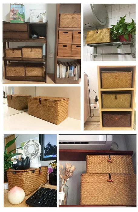 Natural Seagrass Organizer Basket with Lid - Stylish Storage Solution for Cosmetics, Sundries, and Laundry