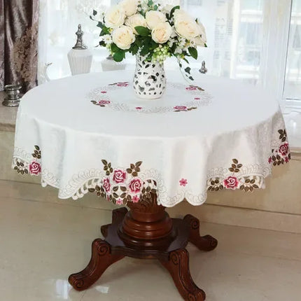Embroidered Lace Round Tablecloth — Pastoral Rose Gold Table Linen
