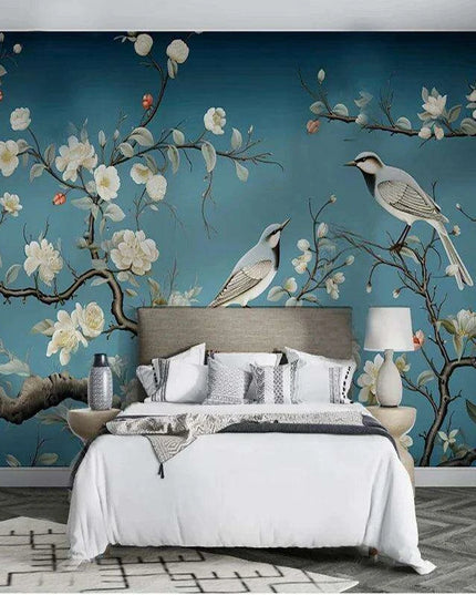 Elegant Hand-Painted Asian Mural Wallpaper Featuring Birds and Blossoms - Customizable Home Decor Art