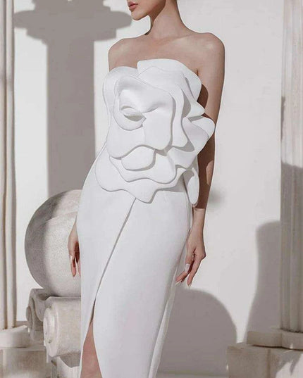 Strapless Evening Gown with 3D Floral Embellishments and Side Slit - Solid Color Zipper Style