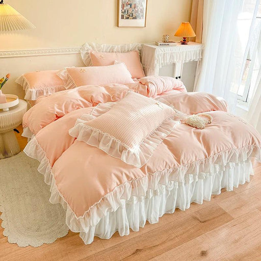 Princess Lace Ruffles 100% Cotton Bedding Set with Quilted Bedspread