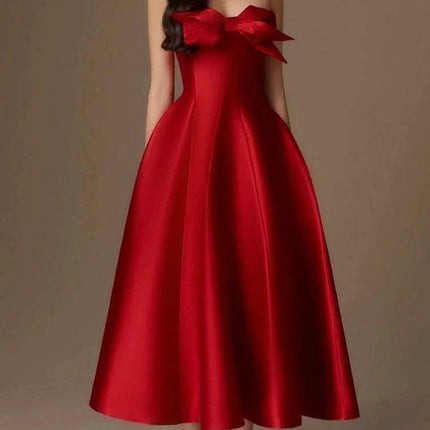 Bowknot A-Line Evening Dress with Slash Neck and Sleeveless Design for Women