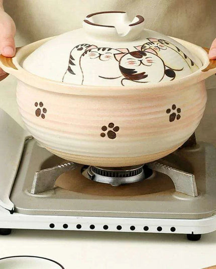 Elegant Japanese Cat-Themed Ceramic Stew Pot with Comfortable Double Ear Handles for Gourmet Cooking