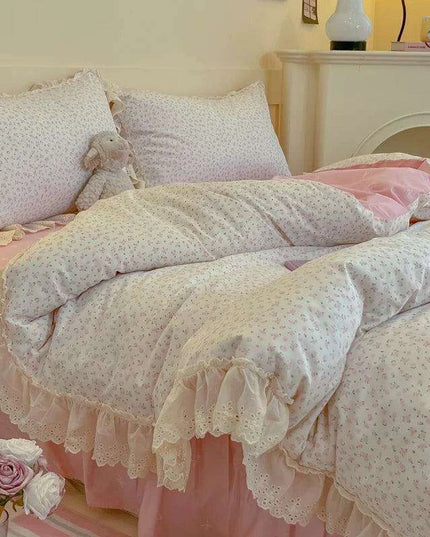 Korean Princess Floral Lace Ruffle Cotton Bedding Collection - Luxurious Single/Queen Duvet Cover, Sheet, and Pillowcase Set (3/4 Pieces)