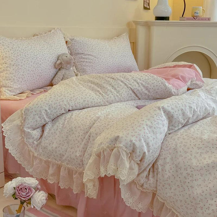 Korean Princess Floral Lace Ruffle Cotton Bedding Collection - Luxurious Single/Queen Duvet Cover, Sheet, and Pillowcase Set (3/4 Pieces)