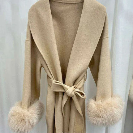 Elegant Korean Wool Coat with Genuine Fox Fur Cuffs and Chic Waist Belt - Transform Your Autumn Wardrobe