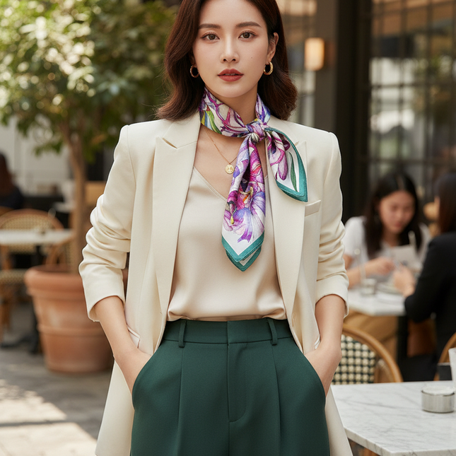Silk Floral Print Square Scarf - Women's Luxury Neckerchief & Shawl
