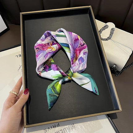 Silk Floral Print Square Scarf - Women's Luxury Neckerchief & Shawl