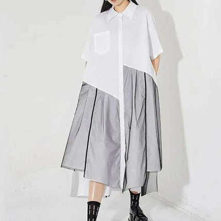 Trendy Plus Size White Mesh Shirt Dress with Irregular Splicing – Short Sleeve Fashion for Spring/Summer 2024