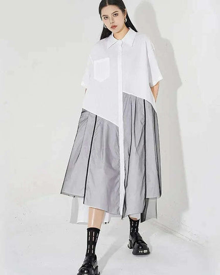 Trendy Plus Size White Mesh Shirt Dress with Irregular Splicing – Short Sleeve Fashion for Spring/Summer 2024