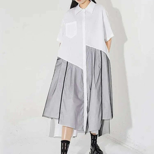 Trendy Plus Size White Mesh Shirt Dress with Irregular Splicing – Short Sleeve Fashion for Spring/Summer 2024