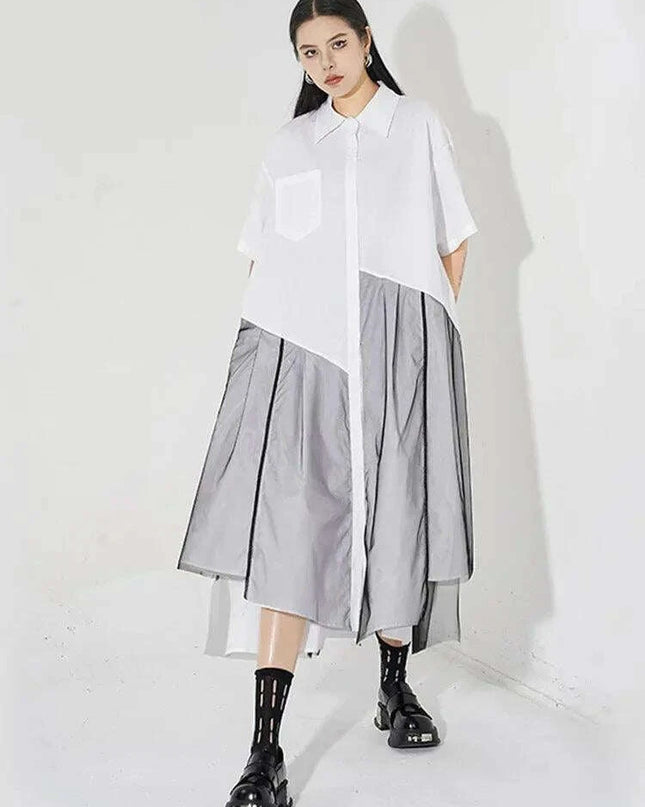 Trendy Plus Size White Mesh Shirt Dress with Irregular Splicing – Short Sleeve Fashion for Spring/Summer 2024