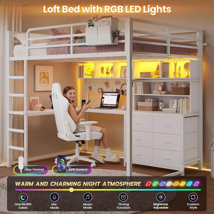Full Loft Bed with L-Shaped Desk, Bookshelf & Charging Station, Metal Full Size with 6 Drawers, LED Lights, White full-loft-bed-with-l-shaped-desk-bookshelf-charging-station-metal-full-size-with-6-drawers-led-lights-white