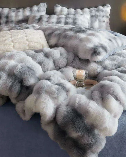 Luxurious Gradient Blue & Grey Faux Rabbit Fur Velvet Fleece Bedding Set with Sheets & Pillowcases