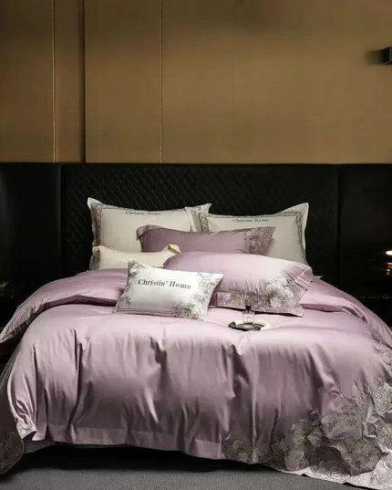 Elegant 1000TC Egyptian Cotton Floral Embroidery Bedding Ensemble with Duvet Cover, Flat Sheet, and Pillow Shams