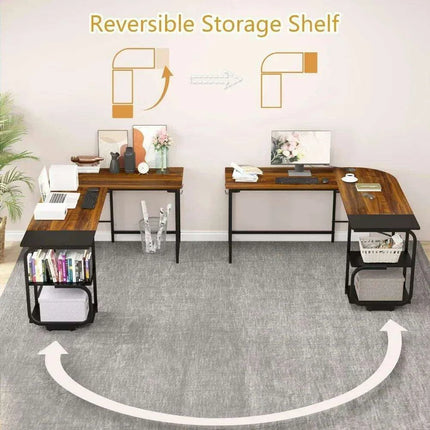 Teak Finish Corner L Desk with Adjustable Shelves for Home Office and Living Space