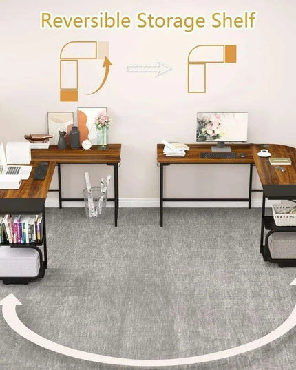 Teak Finish Corner L Desk with Adjustable Shelves for Home Office and Living Space