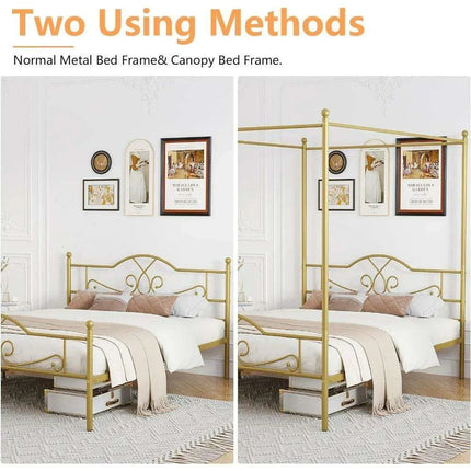 Elegant Metal Canopy Bed Frame with Four Posters and Storage Solutions