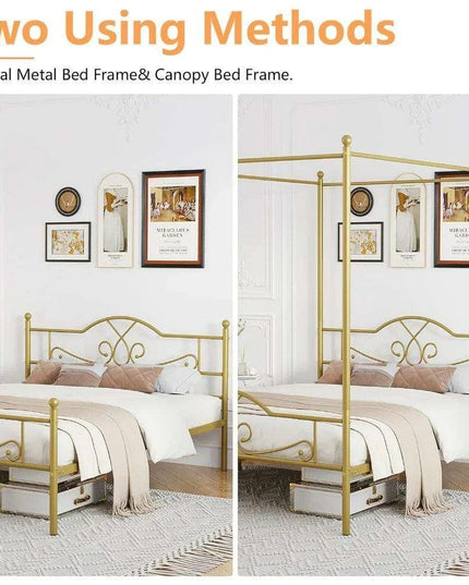 Elegant Metal Canopy Bed Frame with Four Posters and Storage Solutions