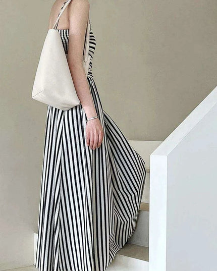 Elegant Black Striped Pleated Sleeveless Long Strap Dress for Women - Spring/Summer 2024 Fashion