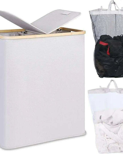 Elegant Bamboo Dual Laundry Sorter with Lid and Removable Bags