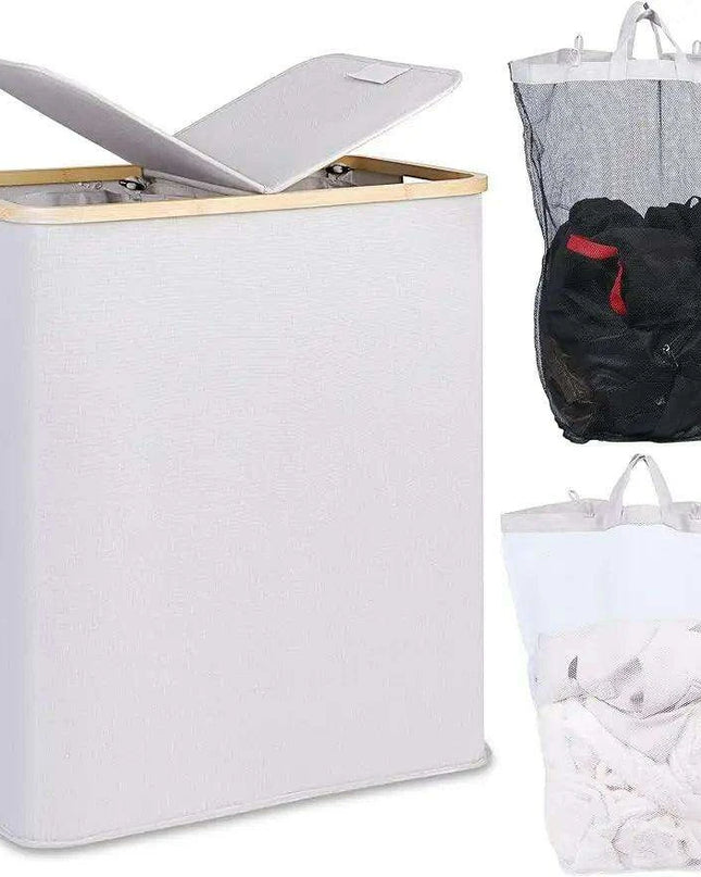 Elegant Bamboo Dual Laundry Sorter with Lid and Removable Bags
