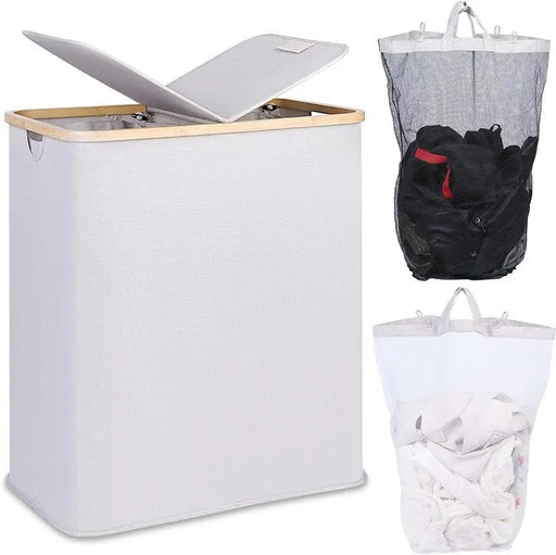 Elegant Bamboo Dual Laundry Sorter with Lid and Removable Bags