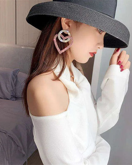 Vibrant Heart-Shaped Crystal Drop Earrings - Dazzling Rhinestone Statement Jewelry for Women with Bold Oversized Charm