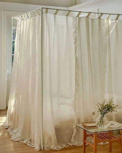 Sheer Linen Canopy Bed Curtains with Ruffled Detailing and Easy Setup
