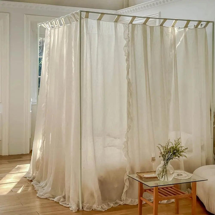 Sheer Linen Canopy Bed Curtains with Ruffled Detailing and Easy Setup