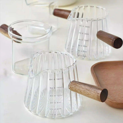 Borosilicate Glass Milk Cup Set with Wooden Handle and Measuring Tools for Espresso and Baking