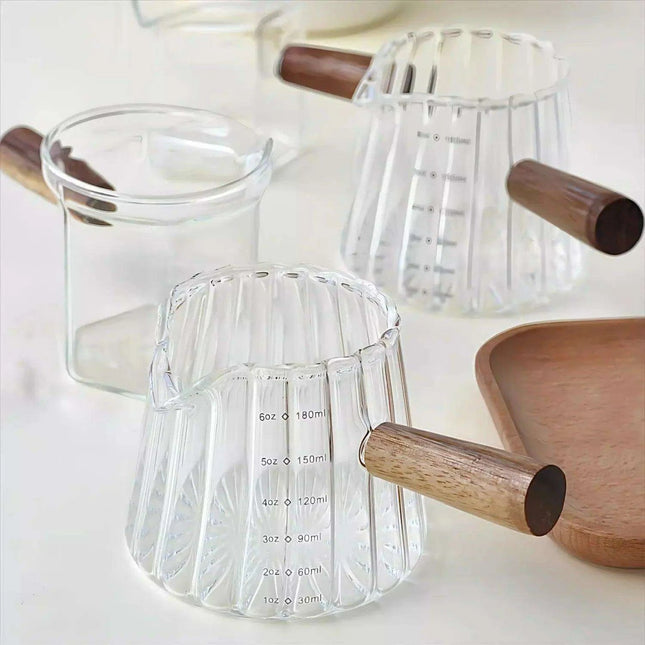 Borosilicate Glass Milk Cup Set with Wooden Handle and Measuring Tools for Espresso and Baking