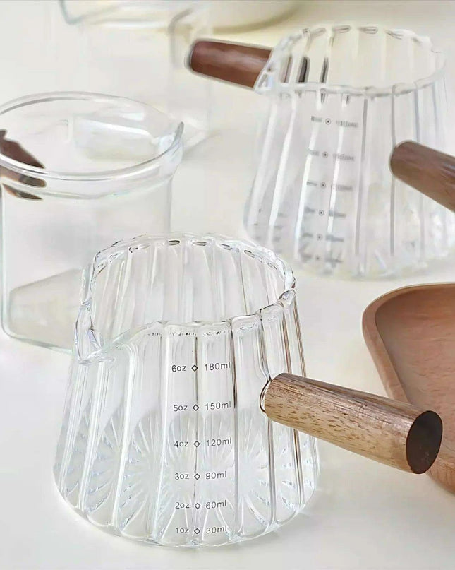 Borosilicate Glass Milk Cup Set with Wooden Handle and Measuring Tools for Espresso and Baking