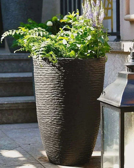 Elegant Stone Textured Tall Planter Set - Pair of 2 Resin Pots, 14'' Diameter