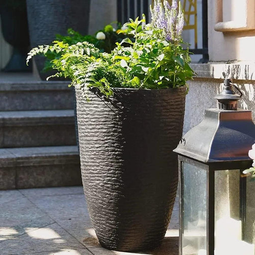 Stone Finish Tall Planters Set of 2 - 14'' Diameter Resin Plant Pots