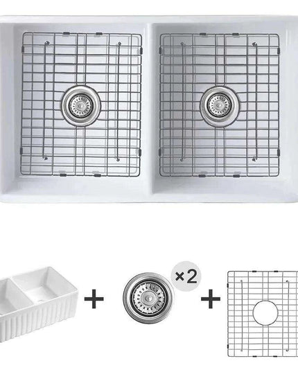 33-Inch Stylish Double Bowl Fireclay Farmhouse Sink with Reversible Apron Front by HausinLuck - Elegant White Design