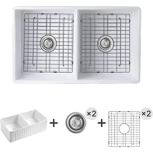 33-Inch Stylish Double Bowl Fireclay Farmhouse Sink with Reversible Apron Front by HausinLuck - Elegant White Design