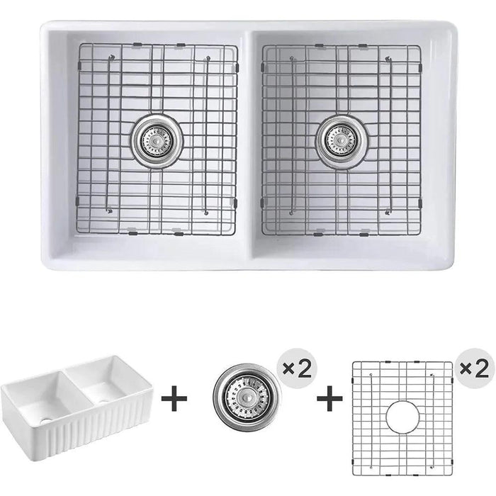 33-Inch Stylish Double Bowl Fireclay Farmhouse Sink with Reversible Apron Front by HausinLuck - Elegant White Design