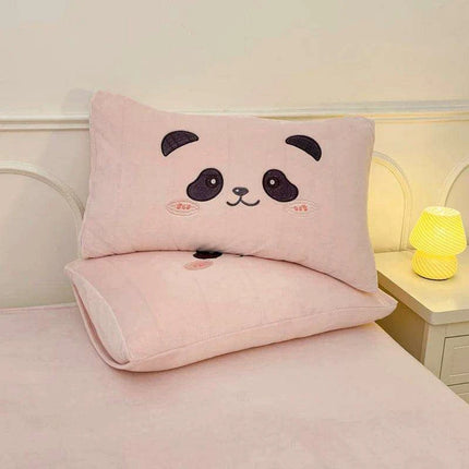 Charming Velvet Panda Bedding Set with Applique Details - Cozy Duvet Cover, Flat Sheet & Pillowcases for Various Bed Sizes