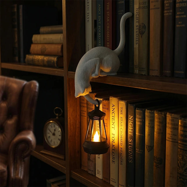 Cat Shelf Hook with Lantern Figurine | Night Light & Desk Ornament