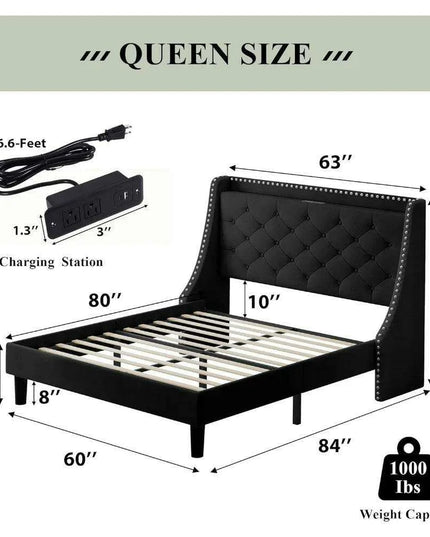 Luxurious Black Wingback Bed Frame with Smart Storage Headboard and Charging Ports