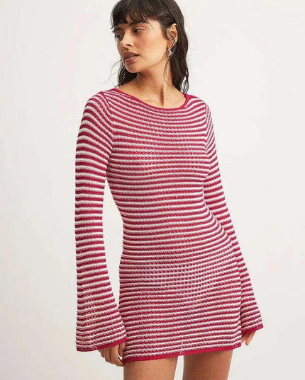 Women's Chic Striped Knit Mini Dress - High Waist Long Sleeve Style for Autumn/Winter