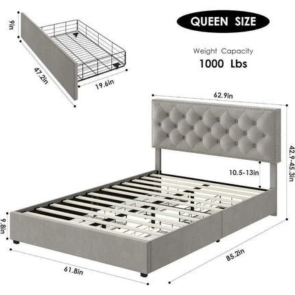Elegant Queen Velvet Upholstered Bed Frame with Adjustable Headboard and Hidden Storage Drawers