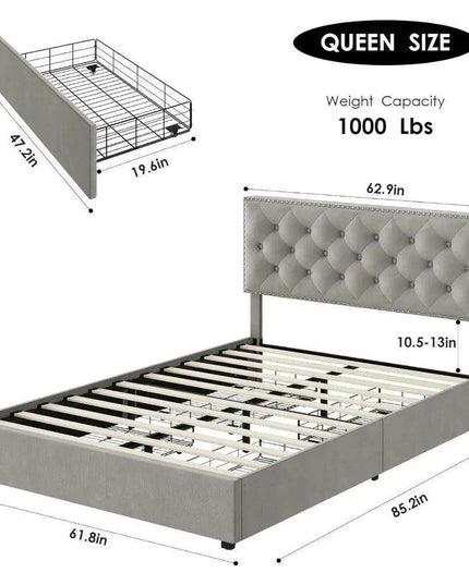 Elegant Queen Velvet Upholstered Bed Frame with Adjustable Headboard and Hidden Storage Drawers